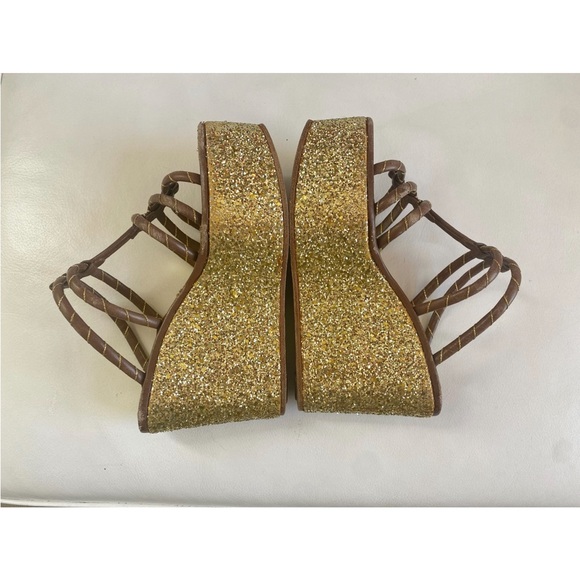 Marc Jacobs Brown Leather Gold glitter Sleep On Platform Sandals 6.5 - Picture 3 of 7